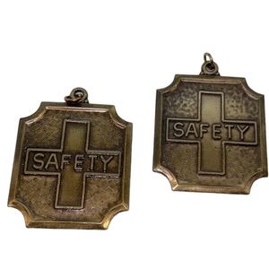 SET OF TWO “SAFTY” PENDANT MEDAL BRASS TONE VINTAGE